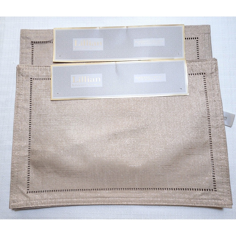 Lilian August Linen Look Beige Gold Metallic Placemats Set of 8 NWT
